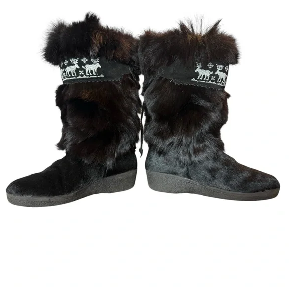 AUTHENTIC TECNICA BLACK FUR BOOTS WITH EMBROIDERED REINDEER 41 Italian/ US 9.5
